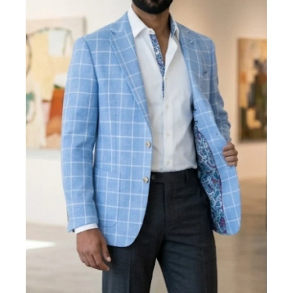 Tailorbyrd Mens Sport Coat Windowpane Blue 42R Paisley Lining NWT